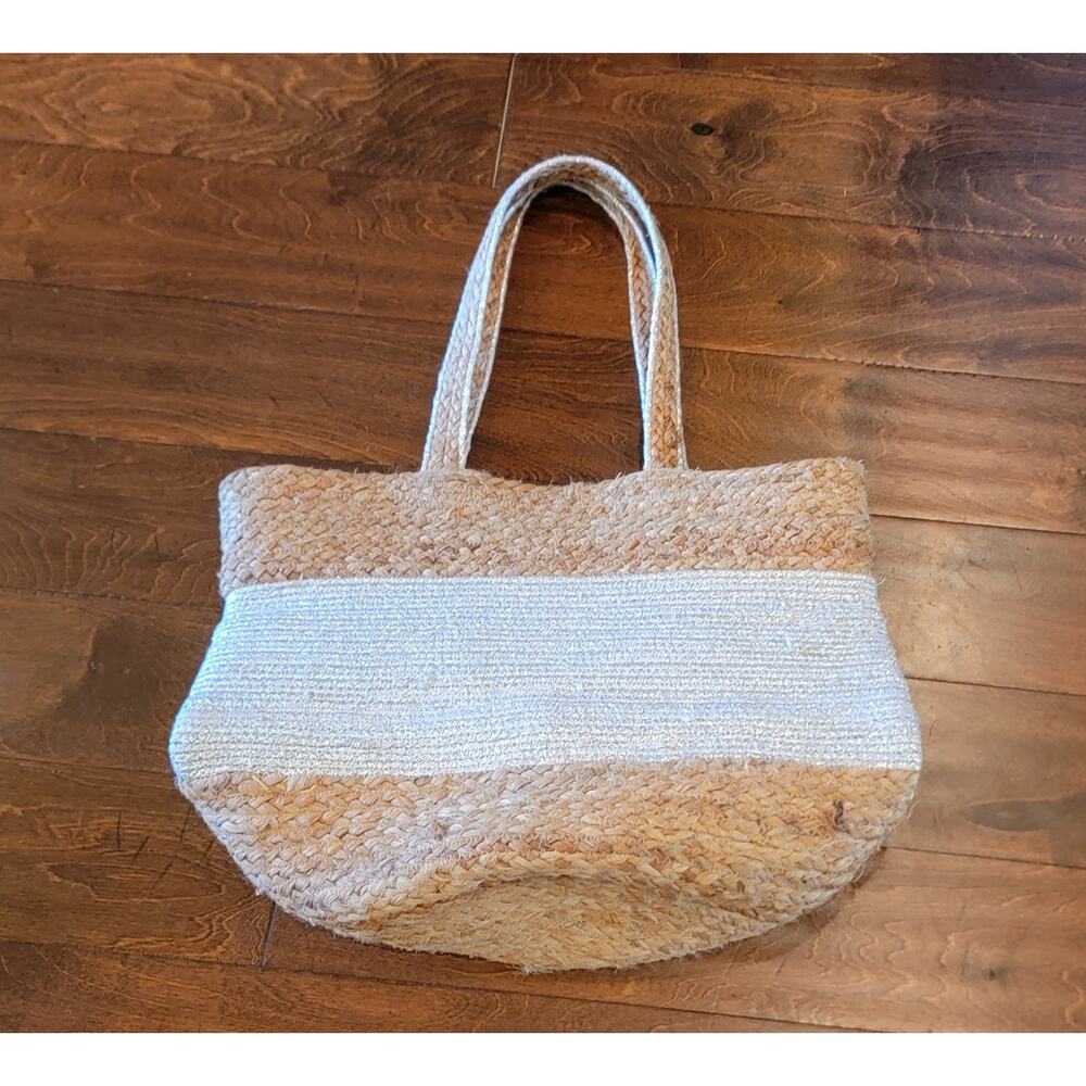 MAGID Large Jute & Silver Metallic Stripe Tote - NWOT